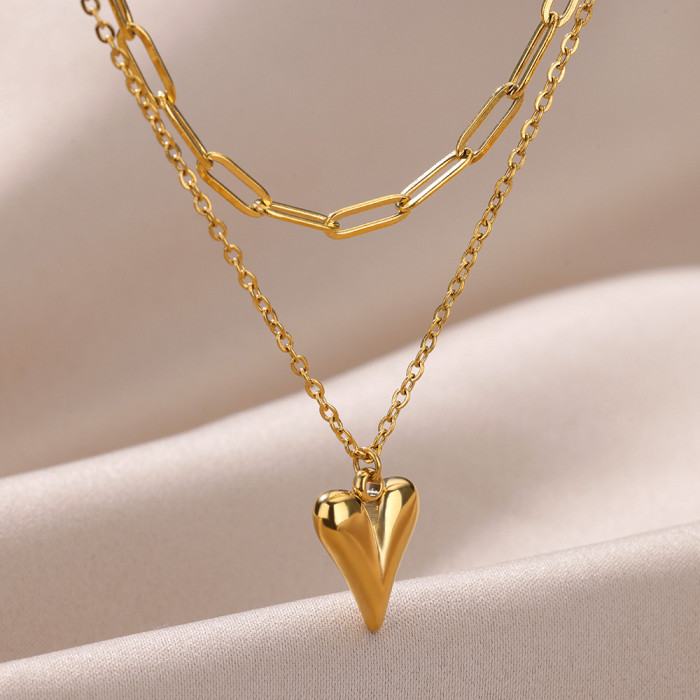 INS Minimalist Style Gold Heart Chain Double Layer Stacked Necklace Fashion Collarbone Chain Neck Chain Jewelry