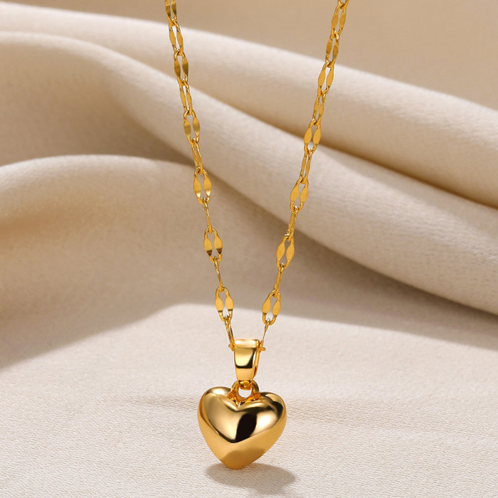 Korean Style Simple Heart-Shaped Stainless Steel Pendant Necklace 18K Gold Plated Women's Small Heart Pendant Necklac...