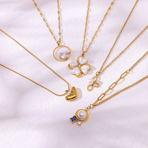 INS Style New Four-Leaf Clover Heart-Shaped Imitation Pearl Pendant Women's Heart Necklace Light Luxury Simple Collarbone Chain Dropshipping