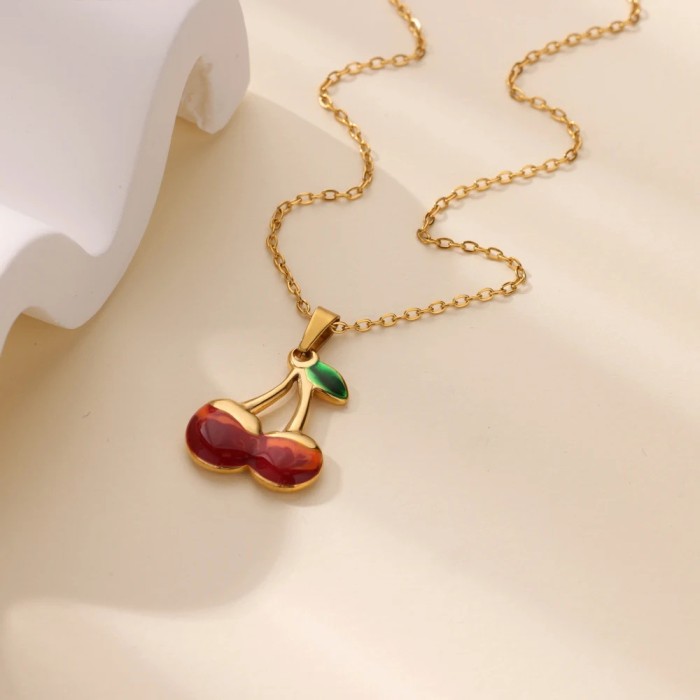 Cross-Border High-End Sweet Girl Student Cute Gift Cherry Fruit Pendant Necklace Collarbone Chain Stainless Steel Women