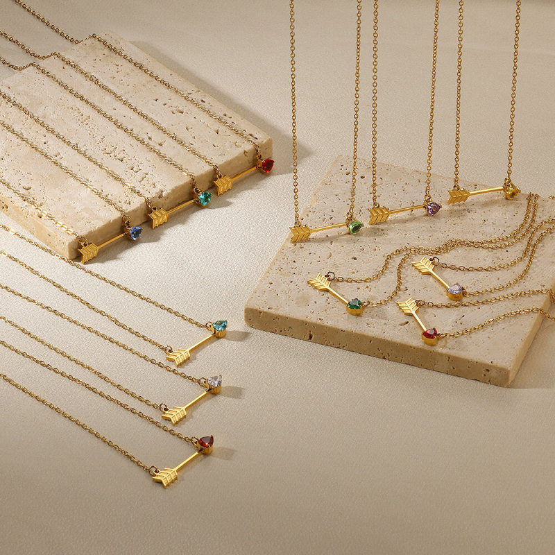 Cross-Border New Stainless Steel Twelve Birthstone Necklace Ins12 Birthstone One Arrow Through Heart Pendant Necklace 18K Gold