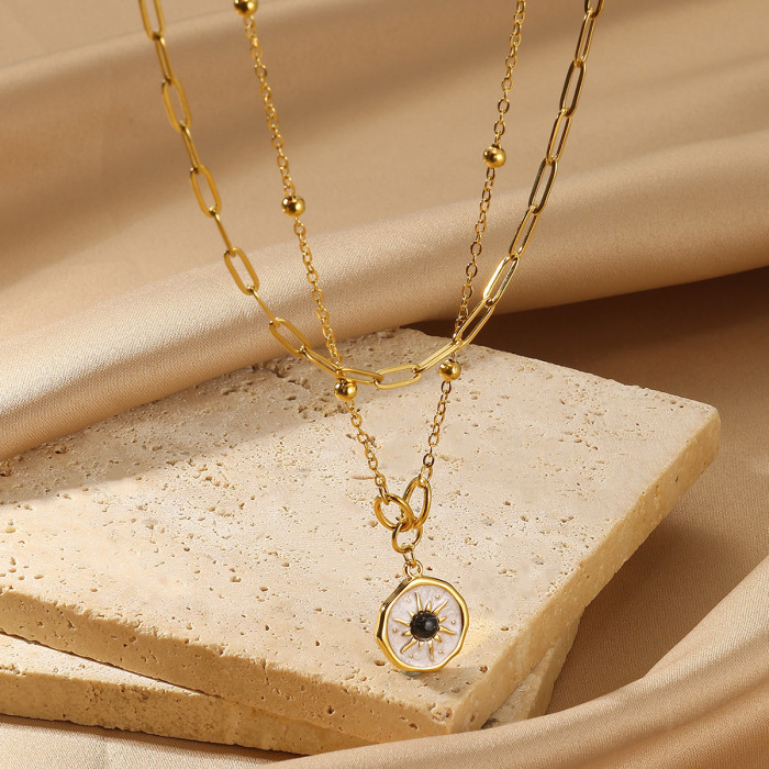 Cross-Style Titanium Steel Necklace for Women with Sun Pendant, Turquoise, Light Luxury, Niche Geometric Jewelry, Double Layer Clavicle Chain
