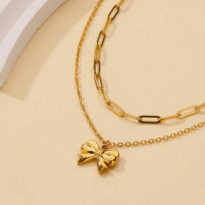 European and American INS 18K Gold Bowknot Chain Double Layer Stacking Necklace Fashion Collarbone Chain Neck Chain Cross-Border Jewelry