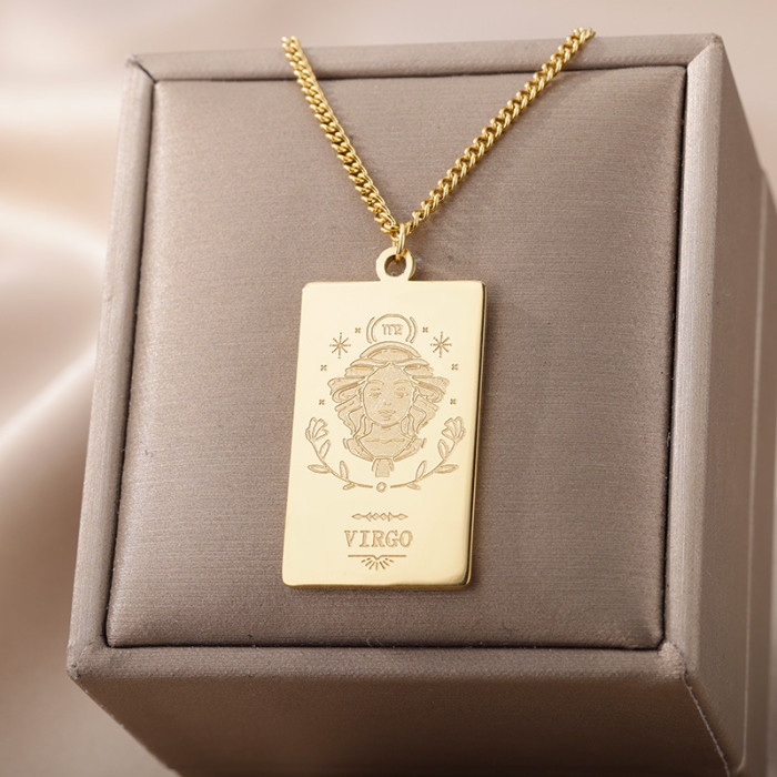 New Style Stainless Steel 12 Zodiac Necklace 18K Square Twelve Zodiac Tarot Card Totem Pendant Collarbone Chain