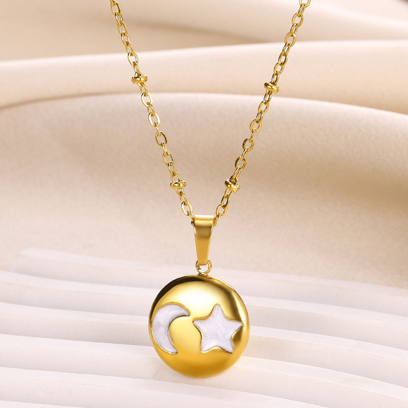 Cross-Border Simple Fresh White Sea Shell Star Moon Titanium Steel Necklace for Women 18k Gold Butterfly Collarbone Chain Fashion