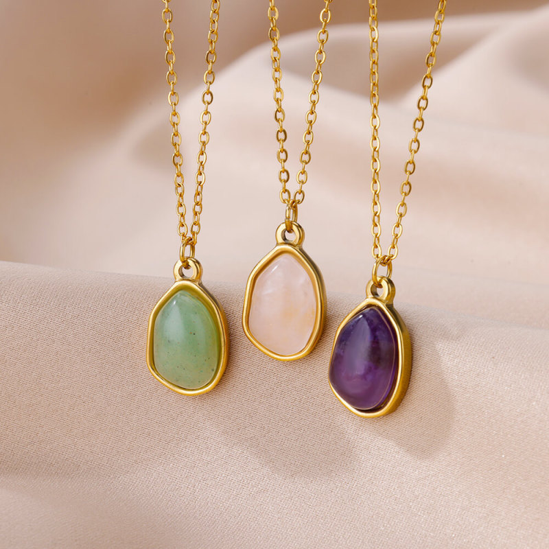 European and American Irregular Geometric Fresh Green Pendant Necklace Clavicle Chain for Women Titanium Steel 18K Gold Plated Pendant