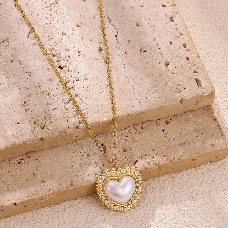 Korean Style Simple Imitation Pearl Heart Pendant Necklace for Women, Light Luxury Collarbone Chain, Stainless Steel Necklace, Heart-shaped Jewelry Wholesale