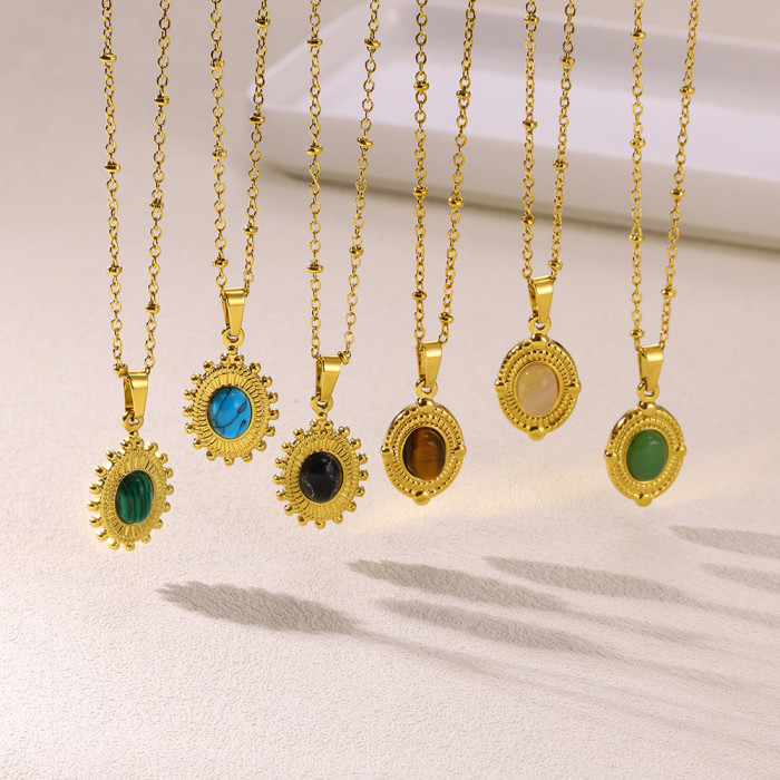 Retro High-End Blue Turquoise Earrings for Women Stainless Steel Necklace 18K Gold Plated Clavicle Chain Jewelry