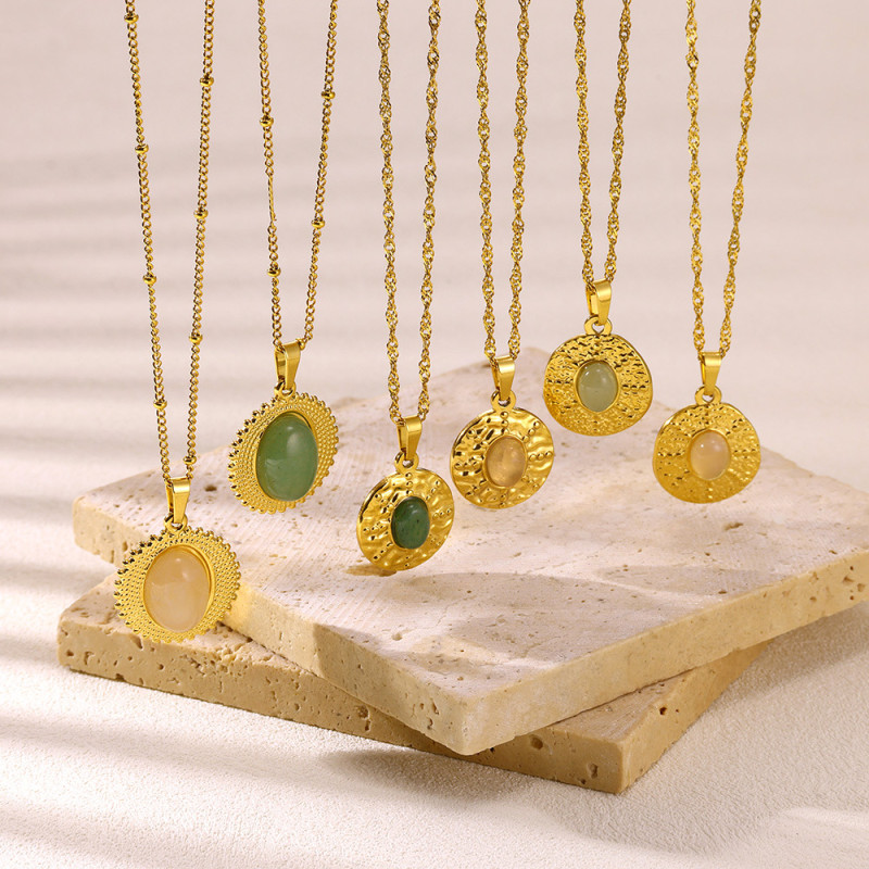 European and American Cross-Border Hot Sale Simple High-End Stainless Steel 18K Gold Plated Imitation Jade Necklace for Women Wholesale