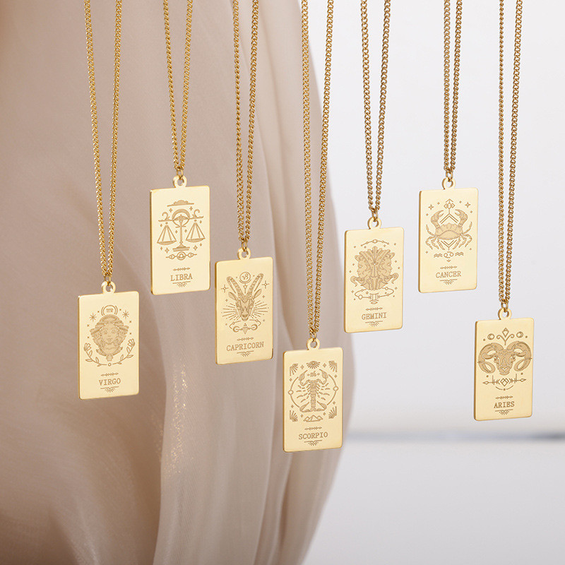 European and American New Style Stainless Steel 12 Zodiac Necklace 18K Square Twelve Zodiac Tarot Card Totem Pendant Collarbone Chain