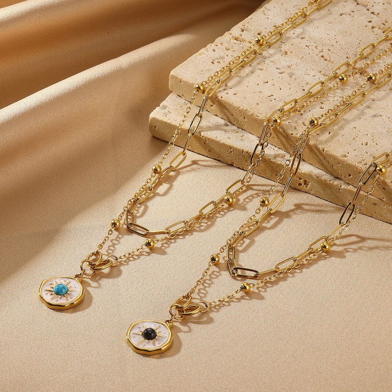 Cross-Style Titanium Steel Necklace for Women with Sun Pendant, Turquoise, Light Luxury, Niche Geometric Jewelry, Double Layer Clavicle Chain