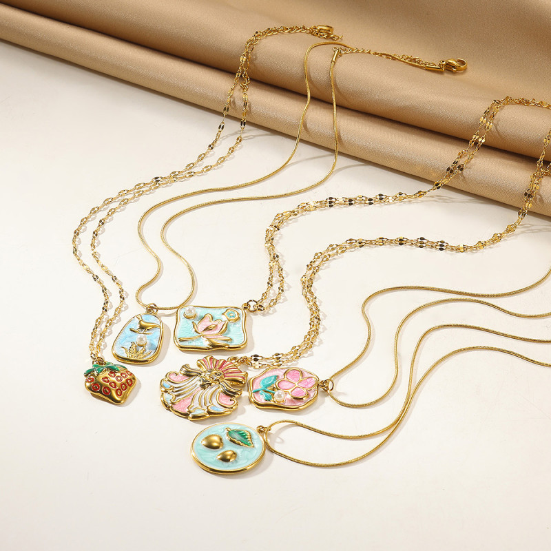 Ins Style Stainless Steel Garden Oil Painting Style Pendant Flower Women's Necklace Light Luxury Niche High-end Accessories Women's Jewelry