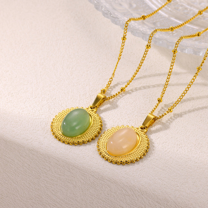 Hot Sale Simple High-End Stainless Steel 18K Gold Plated Imitation Jade Necklace for Women Wholesale