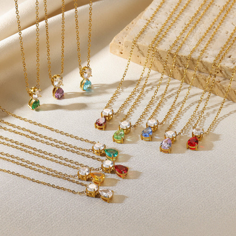 European and American Cross-Border Hot-Selling Twelve Birthstone Pendant Collarbone Chain for Women Stainless Steel Simple Fashion Lucky Stone Necklace