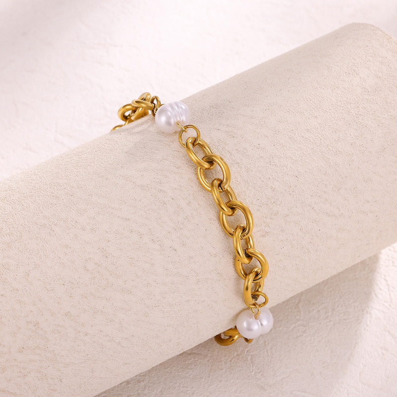 European and American Style Stainless Steel Gold-Plated Pearl Women's Bracelet High-End Ins Light Luxury Earrings Titanium Steel Jewelry Cross-Border