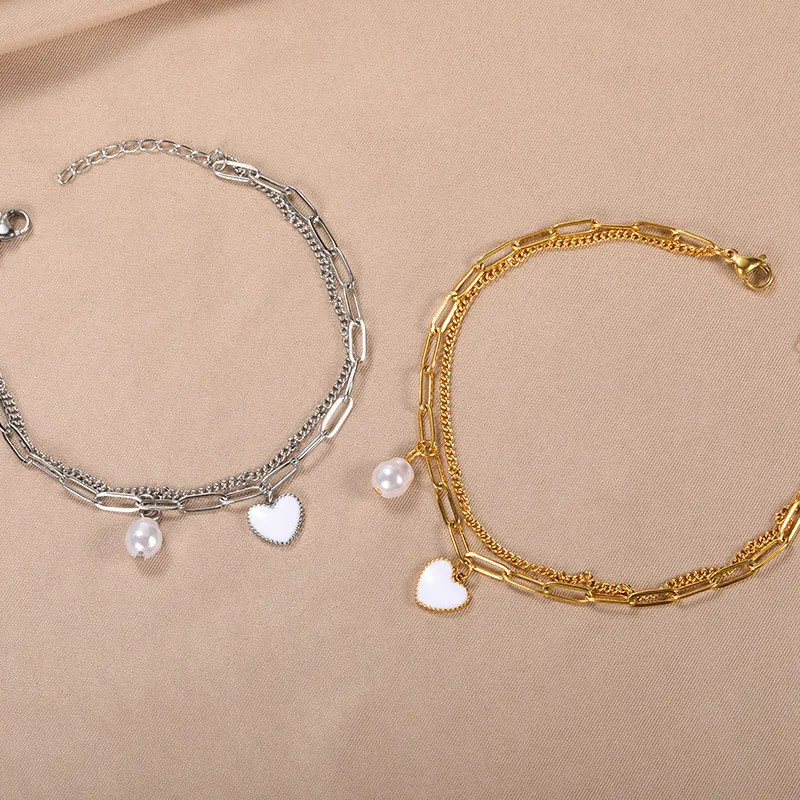 European and American Trend Pearl Bracelet for Women Simple Fashion Versatile 18k Stainless Steel Chain Heart Charm One Piece Dropshipping