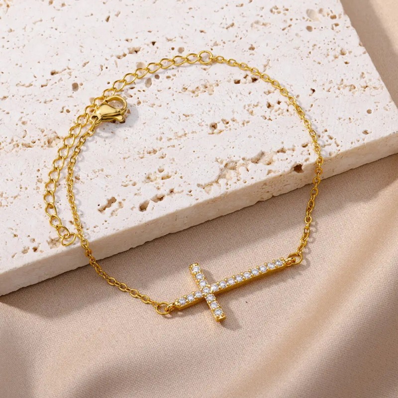Amazon Cross-Border Jewelry Copper Inlaid Zirconia 18k Plated Bracelet Simple Unisex Hollow Cross Bracelet Wholesale