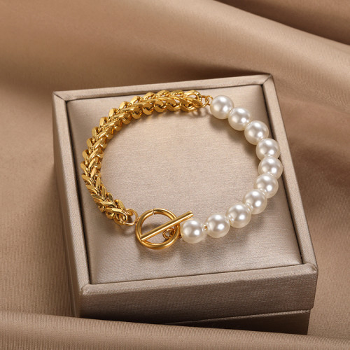 Ins Niche Design High-End Personality Splicing Chain Pearl OT Buckle Stainless Steel Bracelet for Women One Piece Dropshipping