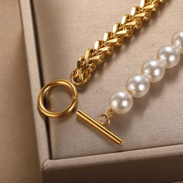Ins Niche Design High-End Personality Splicing Chain Pearl OT Buckle Stainless Steel Bracelet for Women One Piece Dropshipping