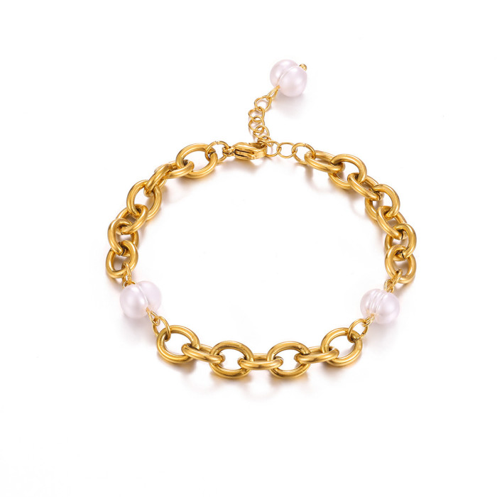 Style Stainless Steel Gold Plated Pearl Women's Bracelet High-End Ins Light Luxury Earrings Titanium Steel Jewelry