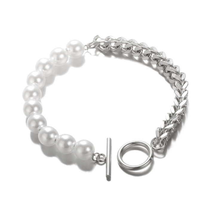 Ins Niche Design High-End Personality Splicing Chain Pearl OT Buckle Stainless Steel Bracelet for Women One Piece Dropshipping