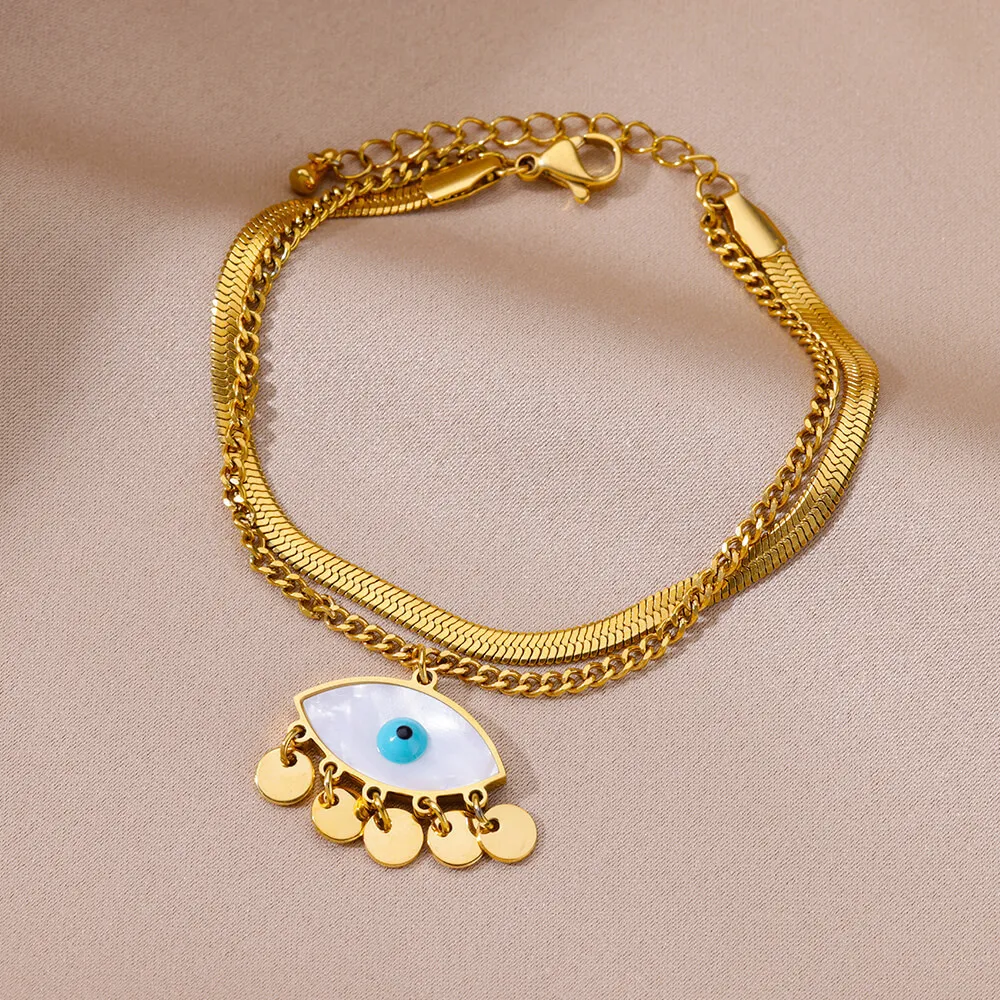 European and American New Style Light Luxury Simple Colorful Inlaid Diamond Bracelet Stainless Steel Evil Eye Bracelet for Women Turquoise Jewelry Wholesale