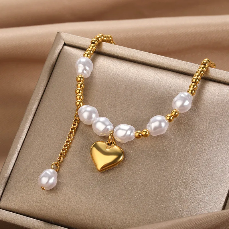 European and American Trend Pearl Bracelet for Women Simple Fashion Versatile 18k Stainless Steel Chain Heart Charm One Piece Dropshipping