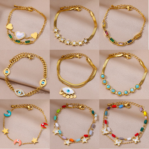 European and American New Style Light Luxury Simple Colorful Inlaid Diamond Bracelet Stainless Steel Evil Eye Bracelet for Women Turquoise Jewelry Wholesale