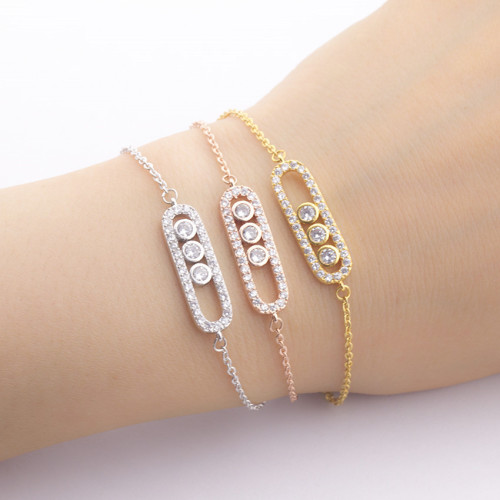 Rose Gold Bracelet Geometric Pattern Three Sparkling Diamond Bangle Stainless Steel Chain Clasp Bracelet Wedding Jewelry Fashion