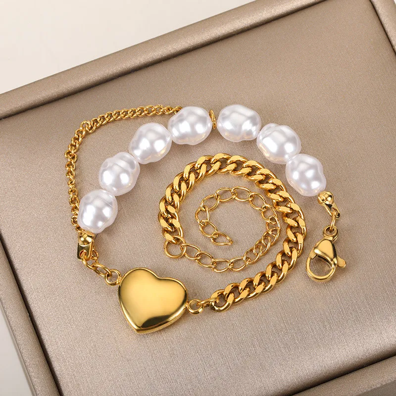 European and American Trend Pearl Bracelet for Women Simple Fashion Versatile 18k Stainless Steel Chain Heart Charm One Piece Dropshipping