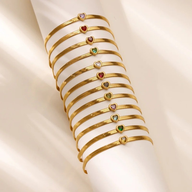 Cross-Border Simple New Birthstone Heart-Shaped Bracelet for Women Stainless Steel Bracelet December Heart-Shaped Bracelet Wholesale