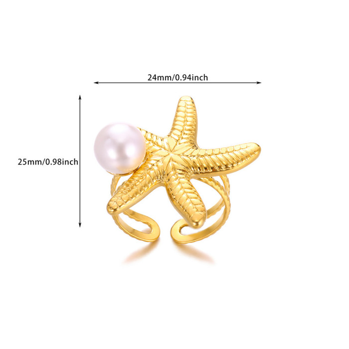 European and American Summer Beach Vacation Shell Ocean Element Imitation Pearl Starfish Ring Stainless Steel Ring Wholesale