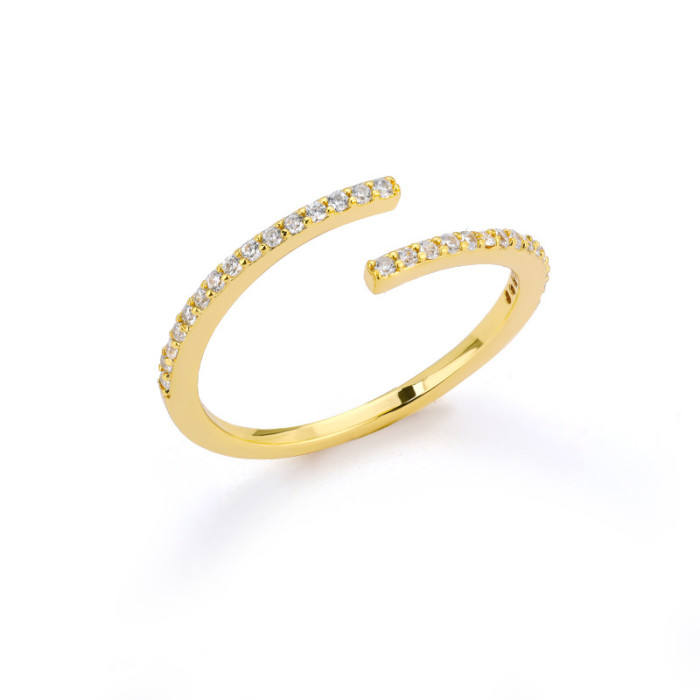 Minimalist Cool Style Micro Inlaid Zirconia Open Adjustable Ring for Women 18k Copper Gold Plated Cross-Border In Stock