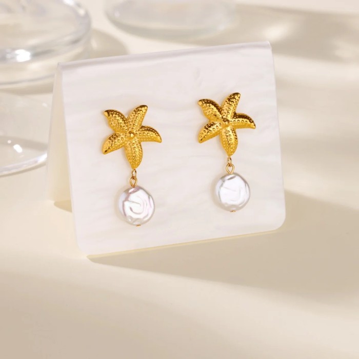Amazon New Imitation Pearl Shell Earrings for Women Starfish Ear Jewelry Beach Vacation Accessories Manufacturer Dropshipping