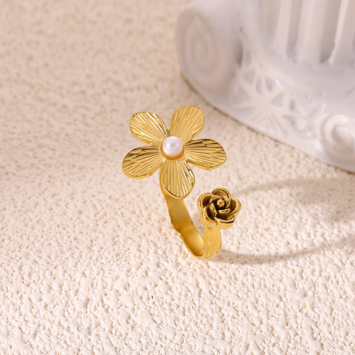 Amazon New Stainless Geometric Imitation Pearl Zircon Ring 18K Gold Plated Flower Star Open Ring