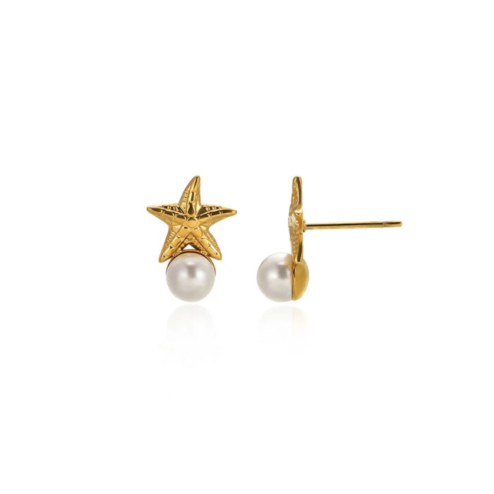 Cross-Border New Ocean Style Conch Shell Stainless Steel Earrings Niche Beach Vacation Starfish Shell Stud Earrings Wholesale