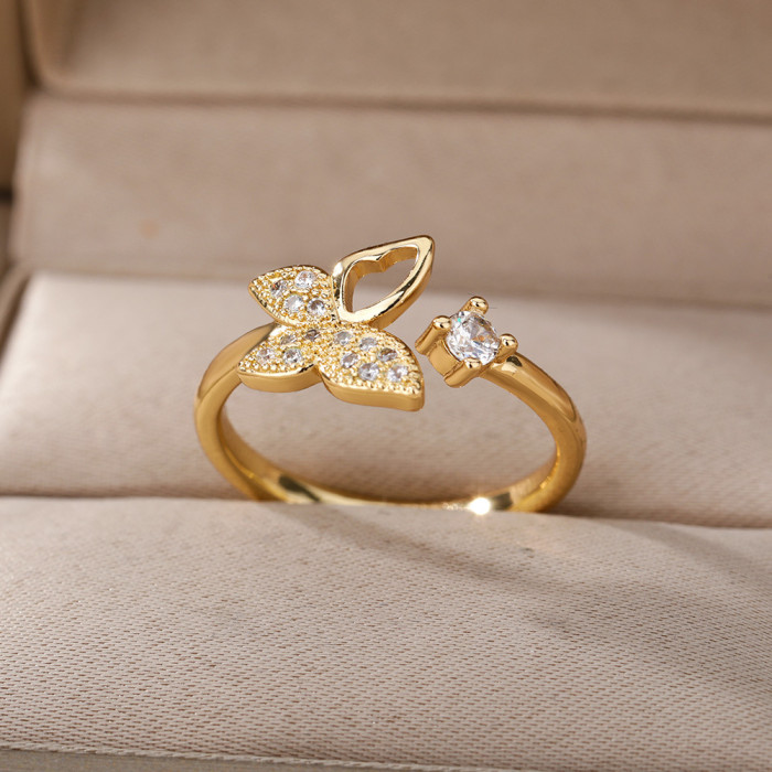 INS Retro Butterfly Open Ring for Women Gentle Super Fairy Sweet Butterfly Zircon Wing Adjustable Ring Wholesale