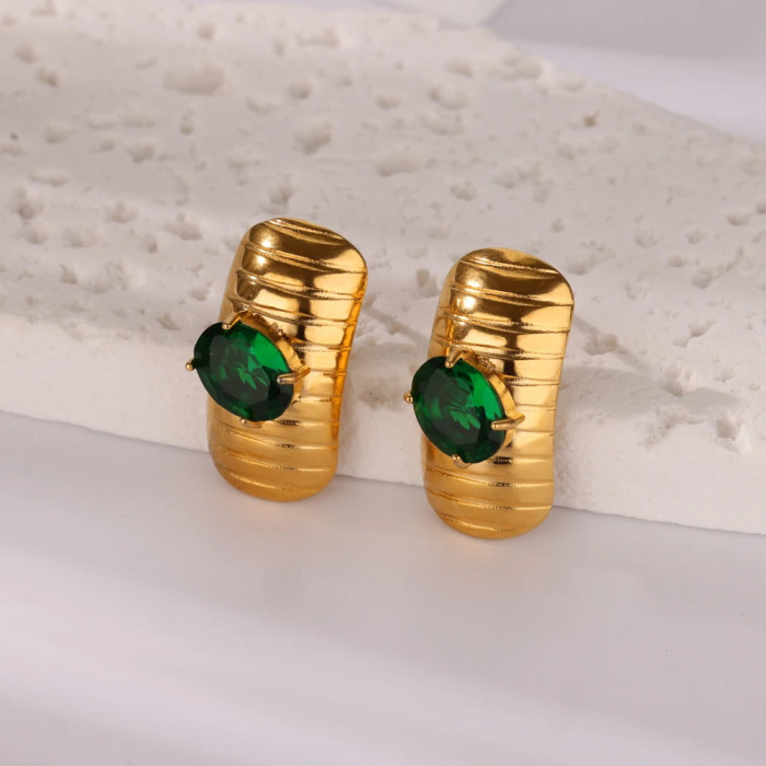 Cross-Border New Exaggerated Earrings Copper Gold-Plated Earrings Daily Versatile Green Glass Earrings Copper Ear Plugs Simple Ear Jewelry