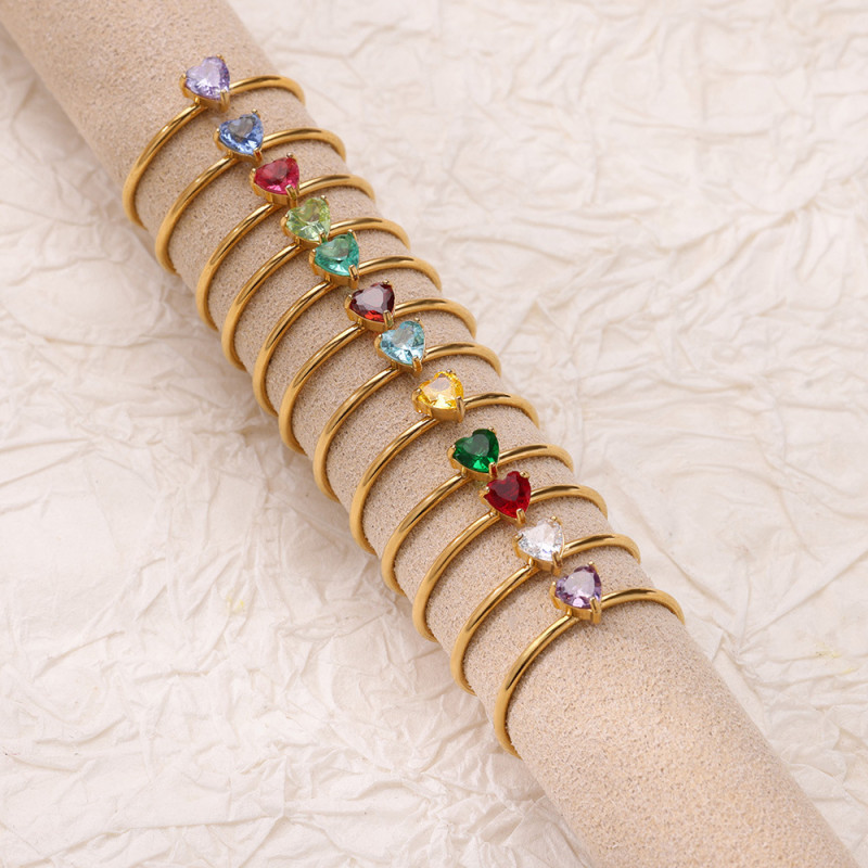 Cross-Border New December Series Ring Colorful Stacking Zircon Heart-Shaped Ring Women's Birthstone Ring