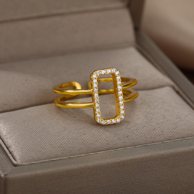 Ins Style New Zircon Hollow Open Ring 18k Copper Gold Plated Geometric Square Ring Women's Personality Jewelry In Stock