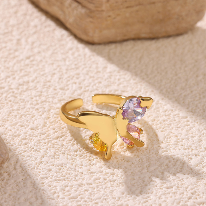Hot-Selling New Butterfly Colorful Zircon Ring Light Luxury Series Open Ring for Women Manufacturer Wholesale