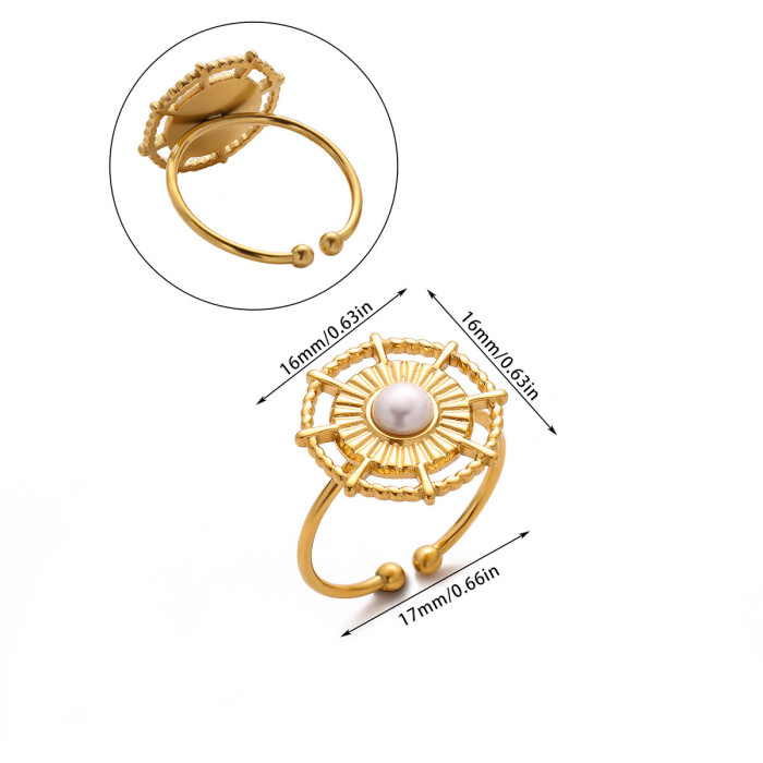 Amazon New Stainless Geometric Imitation Pearl Zircon Ring 18K Gold Plated Flower Star Open Ring