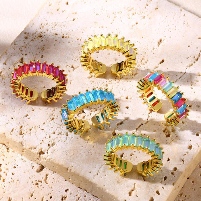 European and American New Style Zirconia Inlaid Open Ring Hand Jewelry Light Luxury Niche Colorful Personality Fashion Geometric Ring Accessories
