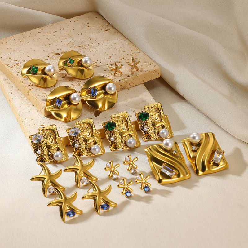 European and American Cross-Border Stainless Steel Gold-Plated Irregular Pearl Earrings Niche Square Texture Versatile Simple Earrings for Women