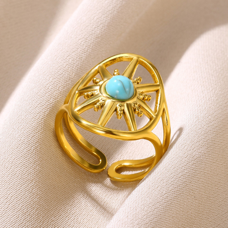 Cross-Border New Simple Turquoise Inlaid Ring Vintage Personality Open Index Finger Ring for Women One Piece Dropshipping