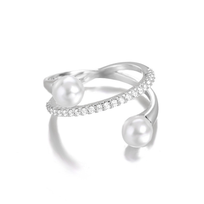 Korean Minimalist Pearl Ring for Women Micro Pave Zircon Cross Index Finger Ring Double Layer Cross Cross Ring
