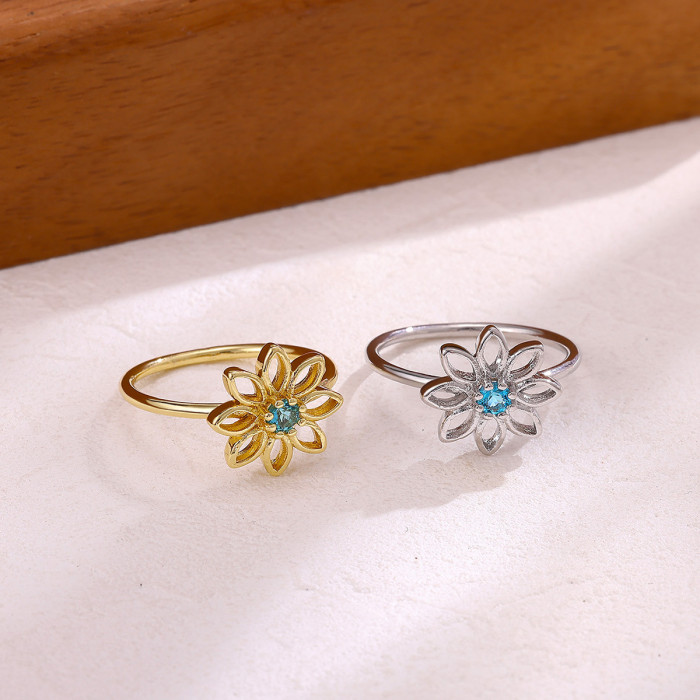 European and American 18K Gold Copper Flower Ring with Multicolor Zircon Lines Hollow Cross-Border Trendy New Versatile Flower Ring