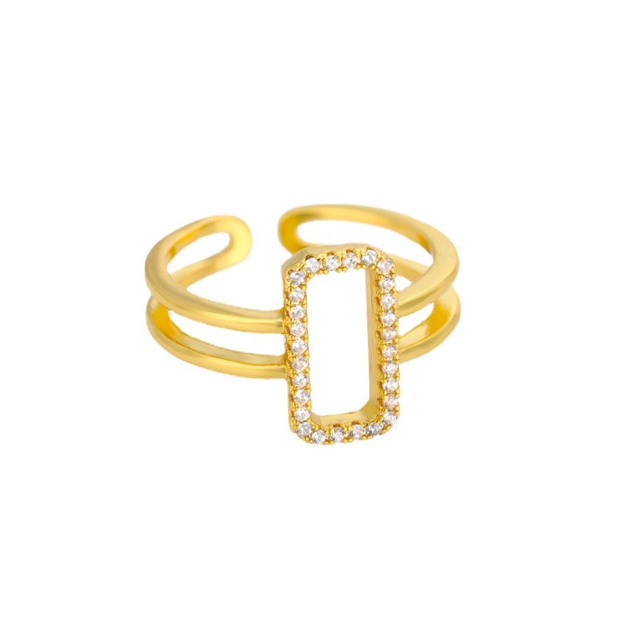 Ins Style New Zircon Hollow Open Ring 18k Copper Gold Plated Geometric Square Ring Women's Personality Jewelry In Stock