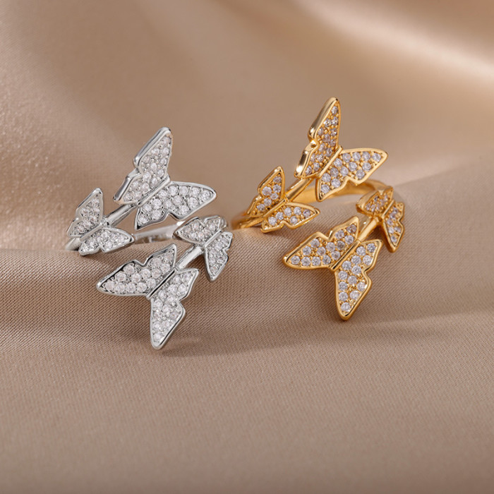 Fashion Personality Zircon Butterfly Ring Exquisite Three-Dimensional Adjustable Open Exaggerated Ring for Women