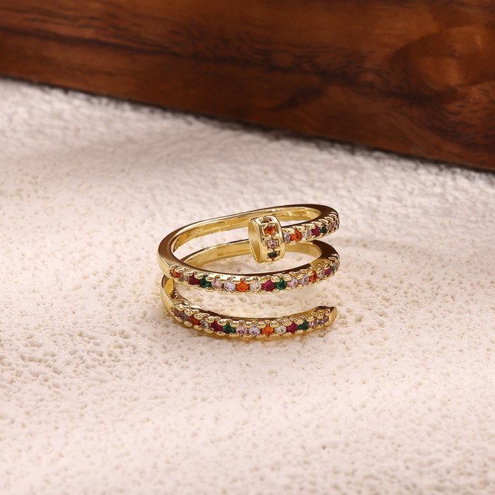 European and American Spiral Color Zircon Nail Ring for Women, Niche Design, Exquisite Open Index Finger Fashion, Unique and Minimalist Style